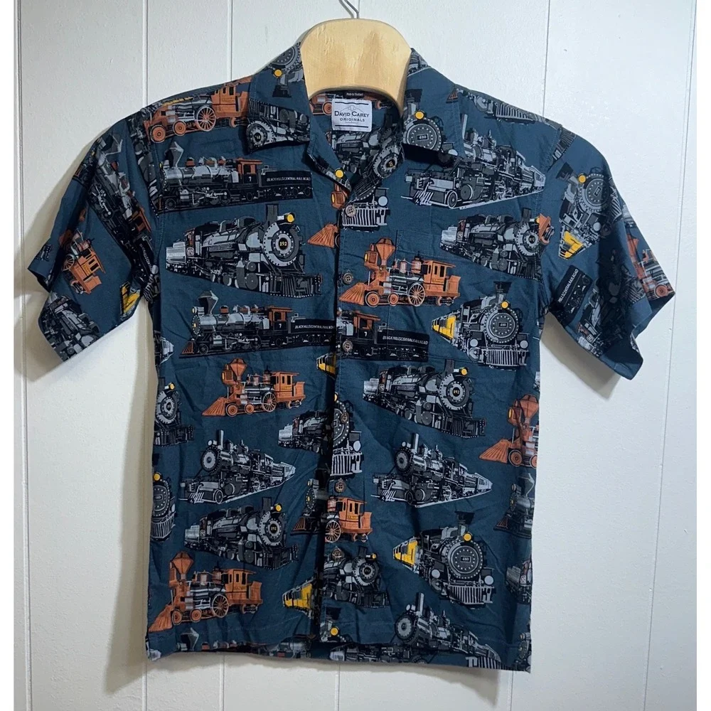 David Carey Originals Mens M Steam Train Locomotive Print Button Down Camp Shirt